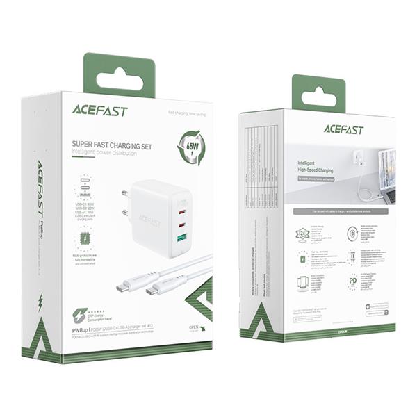 Acefast 2w1 ładowarka sieciowa 2x USB Typ C / USB 65W, PD, QC 3.0, AFC, FCP (zestaw z kablem) biały (A13 white)-2269638