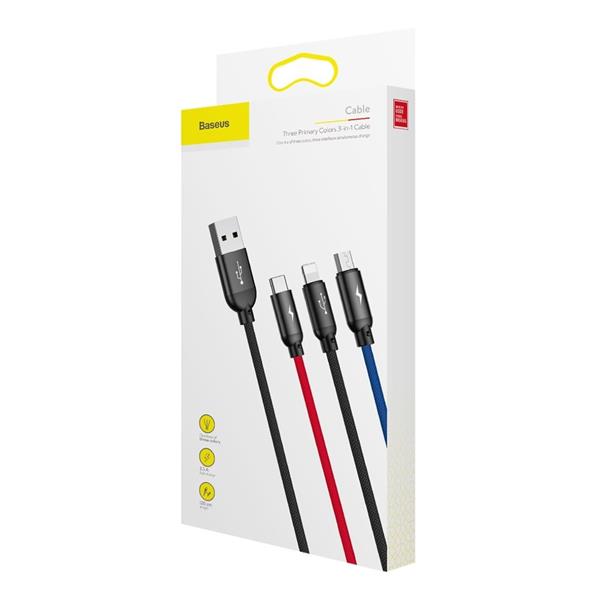 Baseus Three Primary Colors kabel 3w1 USB - micro USB / Lightning / USB-C w nylonowym oplocie 3.5A 1,2M czarny (CAMLT-BSY01)-2142499