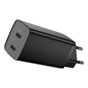 Baseus GaN2 Lite szybka ładowarka 2x USB Typ C 65 W Power Delivery 3.0 Quick Charge 4+ SCP FCP AFC czarny (CCGAN2L-E01)