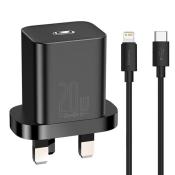 Baseus Super Si Quick Charger 1C 20W UK Sets Black(With Superior Series Fast Charging Data Cable Type-C to iP PD 20W 1m Black)