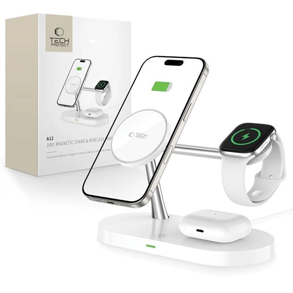 Ładowarka Tech-Protect A12 indukcyjna 3w1 MagSafe na smartfon / słuchawki / smartwatch - biała