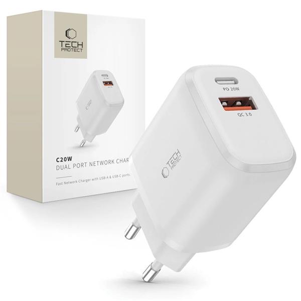 Ładowarka Tech-Protect C20W sieciowa USB-C PD 20W / USB-A QC 3.0 - biała