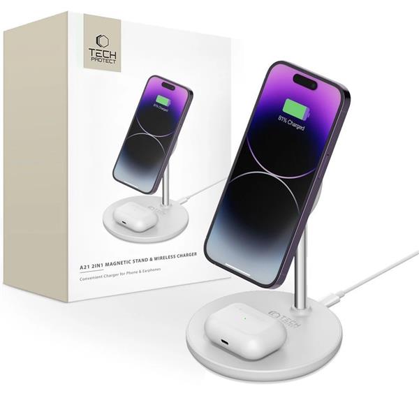 Ładowarka Tech-Protect QI15W-A21 indukcyjna MagSafe 15W ze stojakiem 2w1 na smartfon / słuchawki - biała