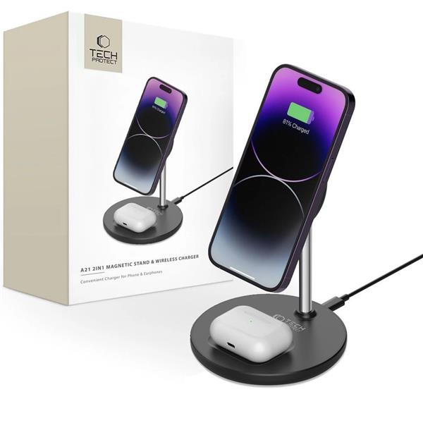 Ładowarka Tech-Protect QI15W-A21 indukcyjna MagSafe 15W ze stojakiem 2w1 na smartfon / słuchawki - czarna