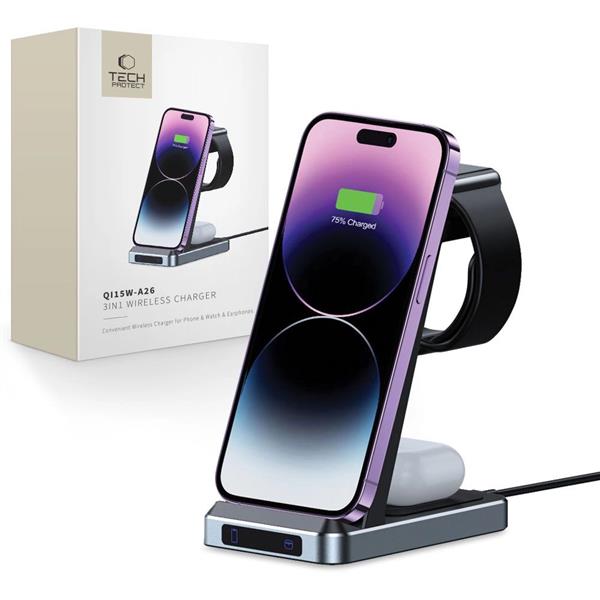 Ładowarka Tech-Protect QI15W-A26 indukcyjna 15W 3w1 na smartfon / słuchawki / Apple Watch - czarna