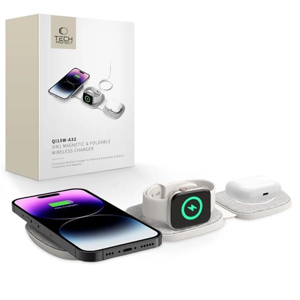 Ładowarka Tech-Protect QI15W-A32 indukcyjna 3w1 z MagSafe na smartfon / Apple Watch / AirPods - szara