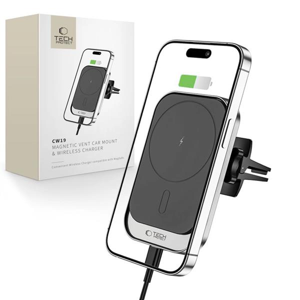 Uchwyt Tech-Protect CW19 samochodowy magnetyczny MagSafe z ładowarką indukcyjną 15W na kratkę wentylacji - czarny