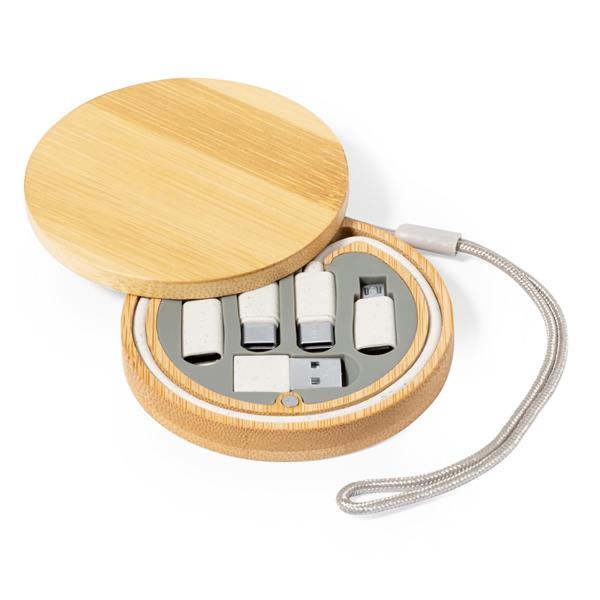 Kabel do ładowania i synchronizacji ze słomy pszenicznej, 3 adaptery w komplecie, bambusowe etui z zawieszką - V1361-00