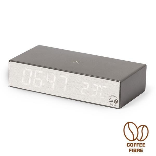 Ładowarka bezprzewodowa 10W z łusek kawowych i bawełny z recyklingu, wielofunkcyjny zegar cyfrowy - V1344-16