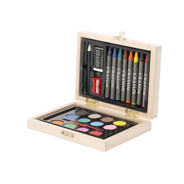 Zestaw do malowania i rysowania, 24 el., kredki, ołówek, gumka do mazania, temperówka, farbki akwarelowye, pędzelek, drewniane pudełko - VA298-20