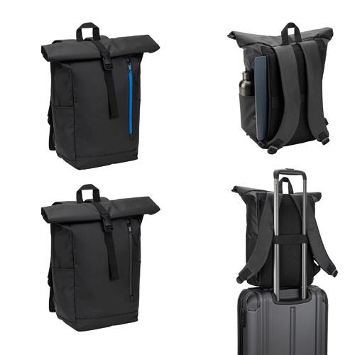 OSASCO BPACK. Plecak typu roll top z zamkiem błyskawicznym, który umożliwia zwinięcie górnej części w celu dopasowania do objętości plecaka, wykonany z poliestru 600D z recyklingu