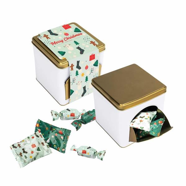 SŁODYCZE REKLAMOWE W METALOWEJ SKRZYNECZCE