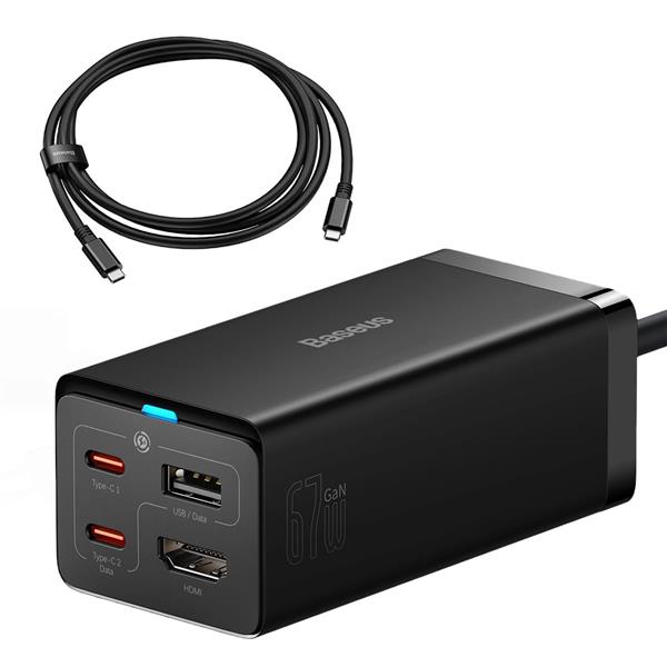 Ładowarka sieciowa GaN5 Baseus CCGP110201 67W HUB HDMI 2x USB-C / USB-A / HDMI 4K 30Hz 1,5m - czarna + kabel USB-C - USB-C 100W 1m