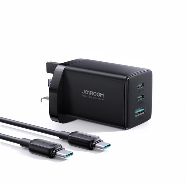 Ładowarka sieciowa Joyroom JR-TCG01 Ultra GaN 65W 2 x USB-C + 1 x USB-A (wtyczka UK) z kablem USB-C 100W 1,2m - czarna