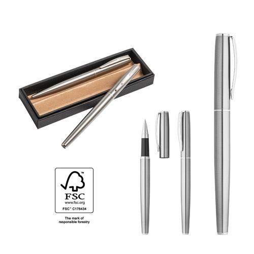 ELLA. Zestaw długopisu i pióra kulkowego z korpusem ze stali nierdzewnej (53% rSS) i klipsem