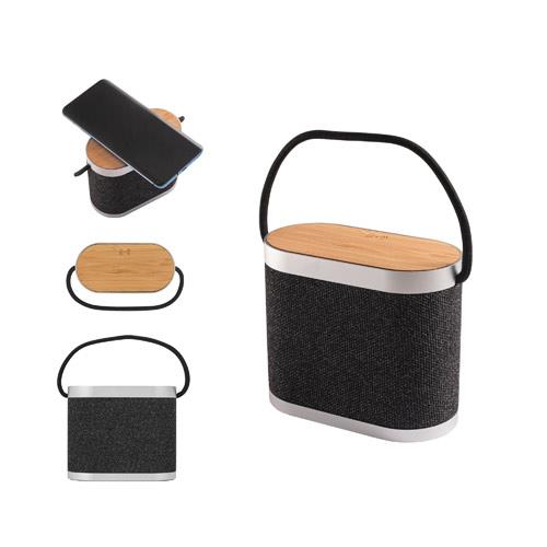 GUETTA. Przenośny głośnik 5W z superszybką ładowarką bezprzewodową 15W i 2-godzinną żywotnością baterii wykonany z bambusa i PET pochodzącego z recyklingu (100% rPET)