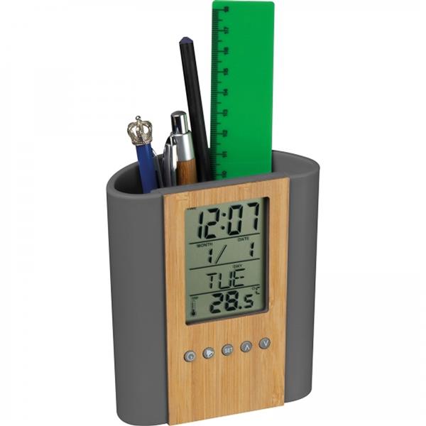 Stojak biurkowy z zegarem STEFANO - szary