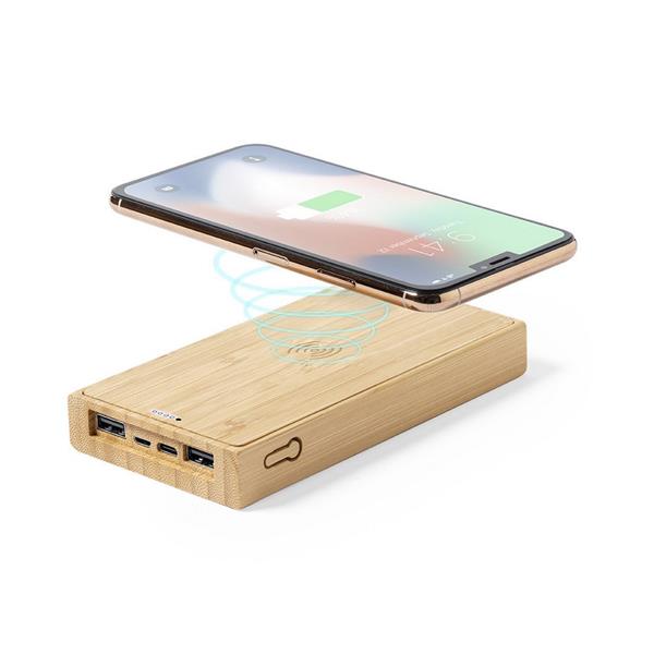 Bambusowy bezprzewodowy power bank 10000 mAh, ładowarka bezprzewodowa 5W, ładowarka słoneczna - V8335-16