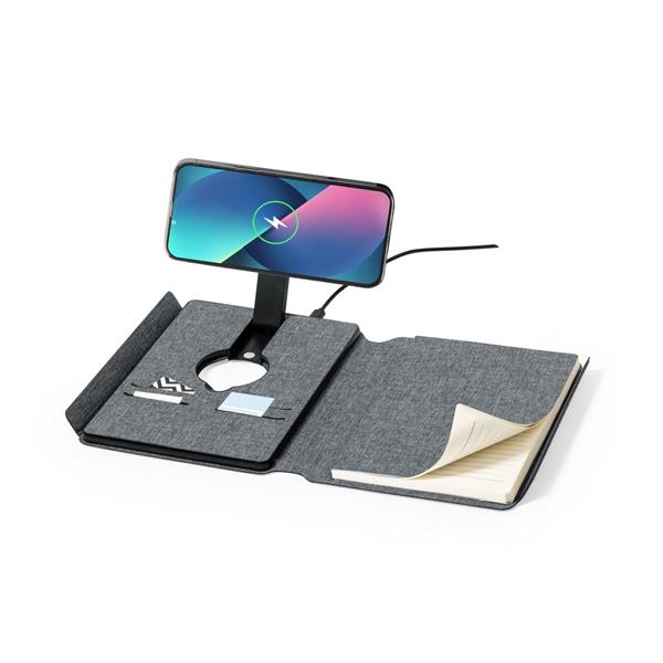 Wielofunkcyjny notatnik RPET A5, magnetyczna ładowarka bezprzewodowa 10W, power bank 5000 mAh - V1302-19