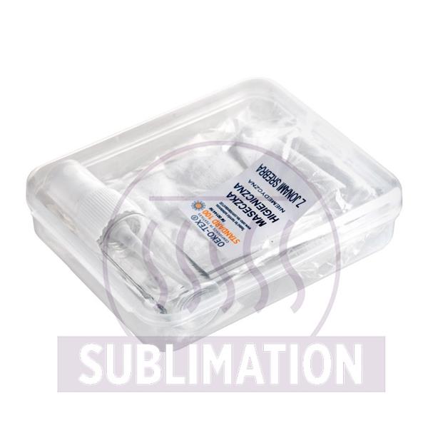 Zestaw w pudełku, pojemnik na płyn do dezynfekcji, maseczka wielokrotnego użytku z miejscem na filtr i jonami srebra - V9798-02