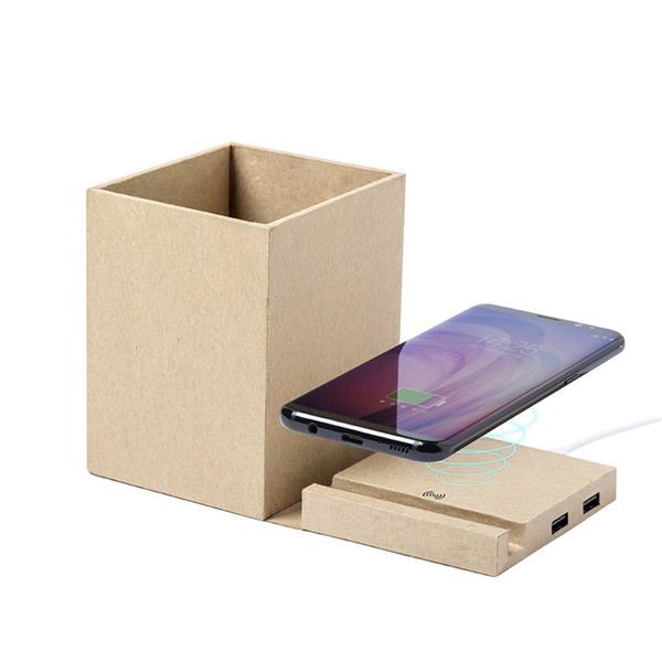 Składana ładowarka bezprzewodowa 5W z kartonu z recyklingu, hub USB 2.0, pojemnik na przybory do pisania, stojak na telefon - V0178-00
