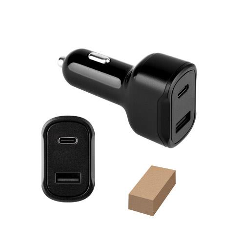 DIRAC. Adapter do zapalniczki z portem USB-A 18W i USB-C 20W wykonany w ABS z recyklingu (100% rABS)