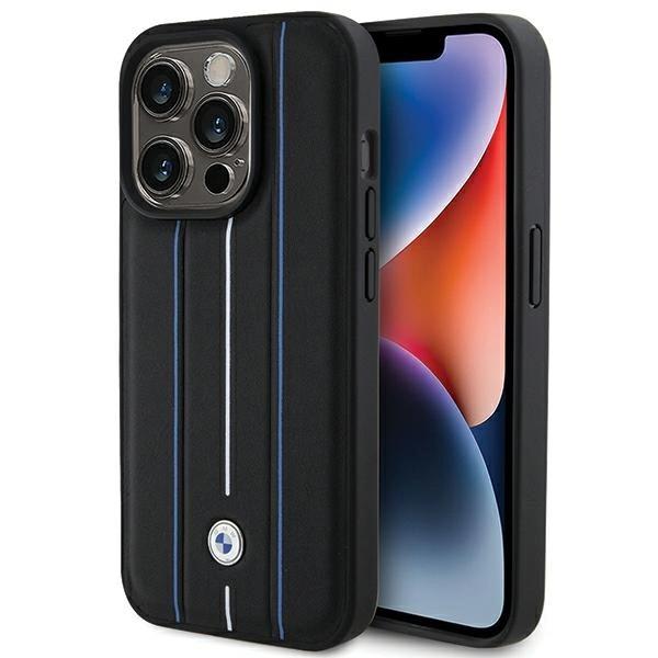 Etui BMW Leather Stamp Blue Line na iPhone 15 Pro Max - czarne