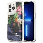 Etui Guess Flower Liquid Glitter na iPhone 13 Pro / iPhone 13 - niebieskie