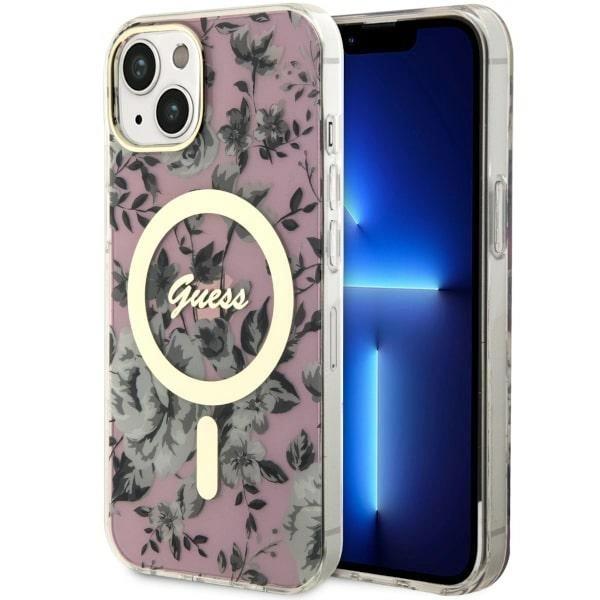 Etui Guess Flower MagSafe na iPhone 14 - różowe