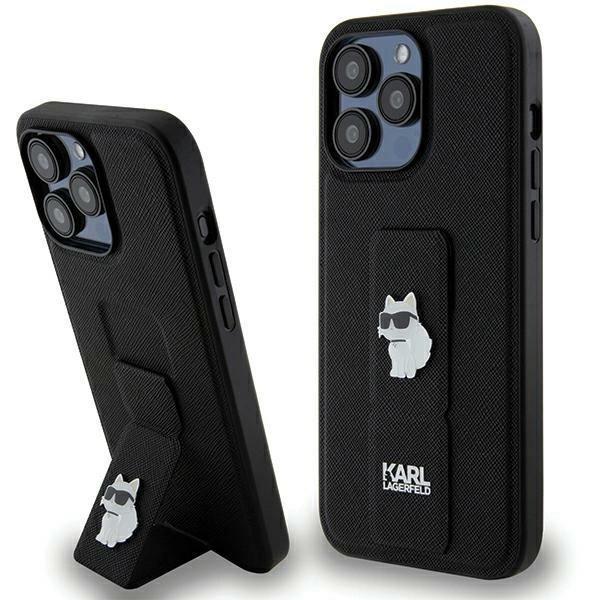 Etui Karl Lagerfeld Gripstand Saffiano Choupette Pins na iPhone 13 Pro Max - czarne