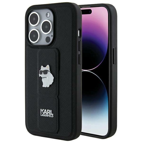 Etui Karl Lagerfeld Gripstand Saffiano Choupette Pins na iPhone 14 Pro - czarne