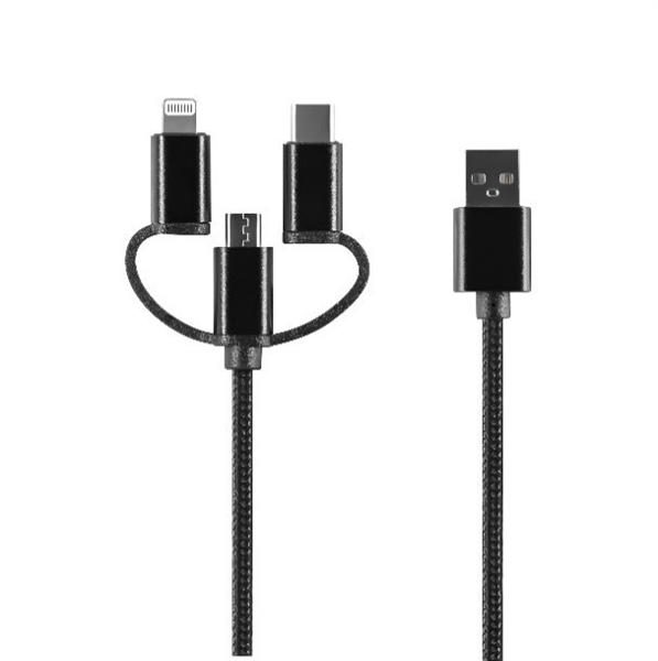 Setty kabel 3w1 USB - Lightning + USB-C + microUSB 1,0 m 2A czarny nylon TD