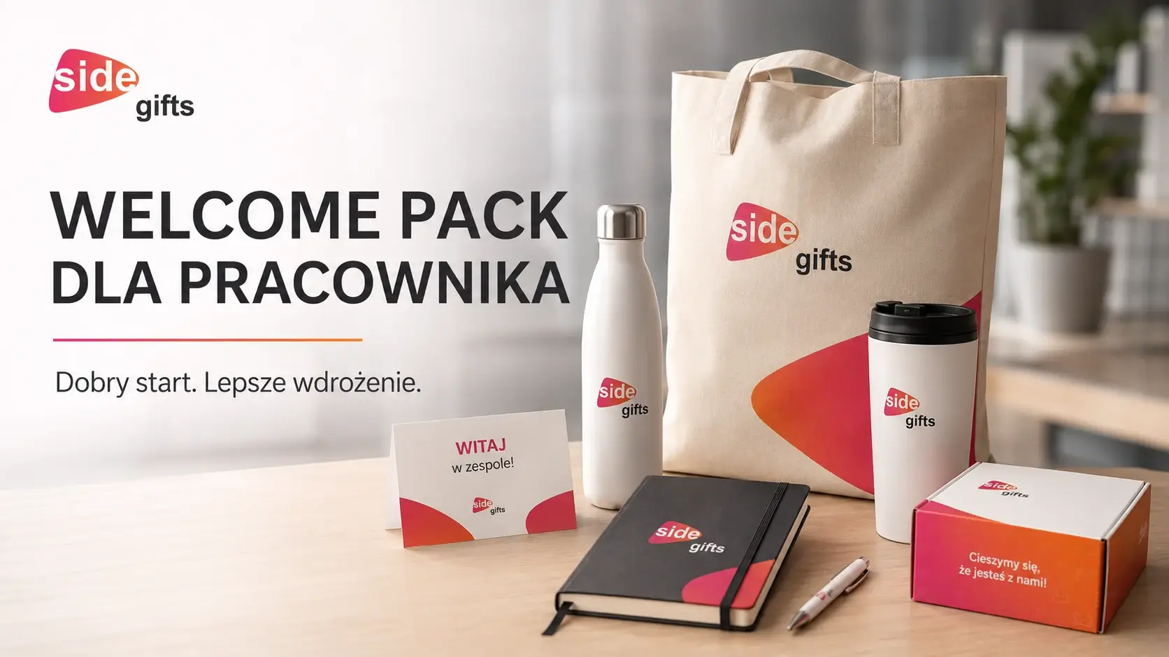 Welcome pack dla pracownika z gadżetami reklamowymi SIDE Gifts w zestawie powitalnym dla firm.