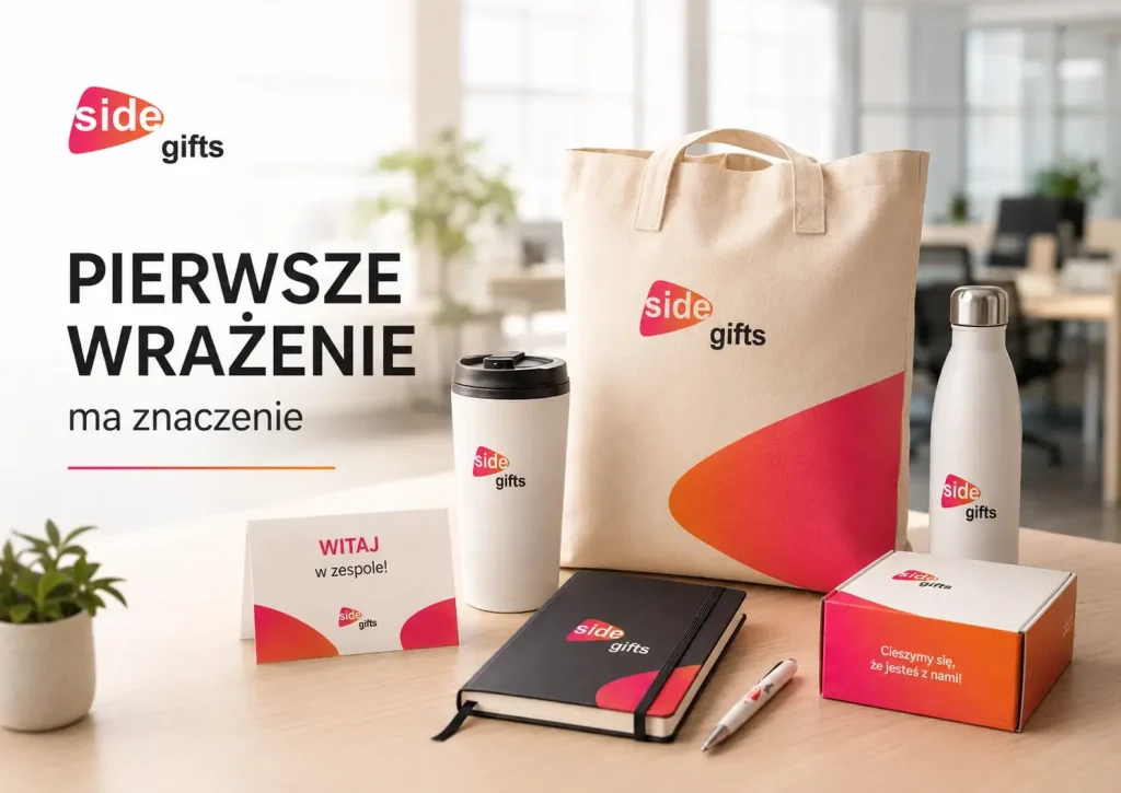 Zestaw powitalny dla pracownika z notesem, kubkiem termicznym i torbą z logo.