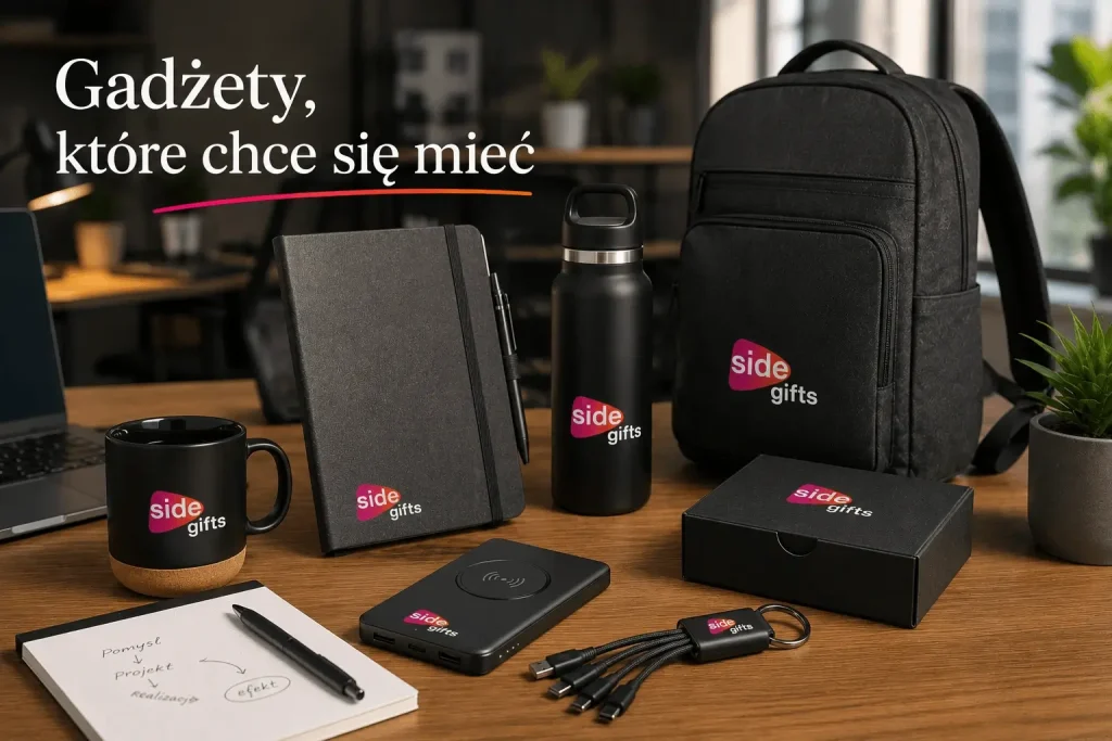 Zestaw gadżetów reklamowych SIDE Gifts na biurku – plecak, notes, ładowarka bezprzewodowa, słuchawki i kubek