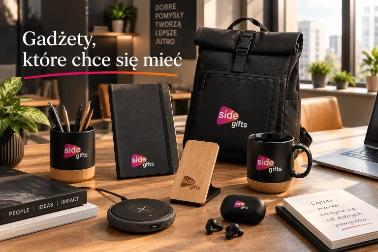 Gadżety reklamowe SIDE Gifts w nowoczesnym biurze – plecak, notes, butelka, kubek i akcesoria technologiczne