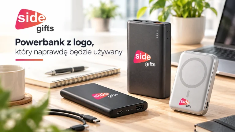 Powerbanki z logo SIDE Gifts na jasnym biurku z hasłem „Powerbank z logo, który naprawdę będzie używany”.