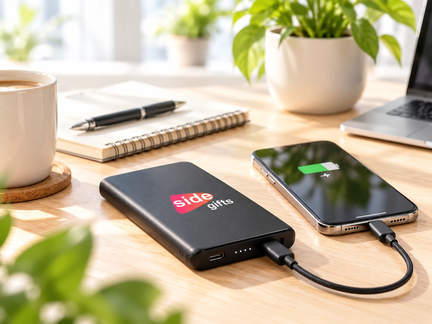 Czarny powerbank z logo SIDE Gifts połączony przewodem ze smartfonem na jasnym drewnianym biurku.