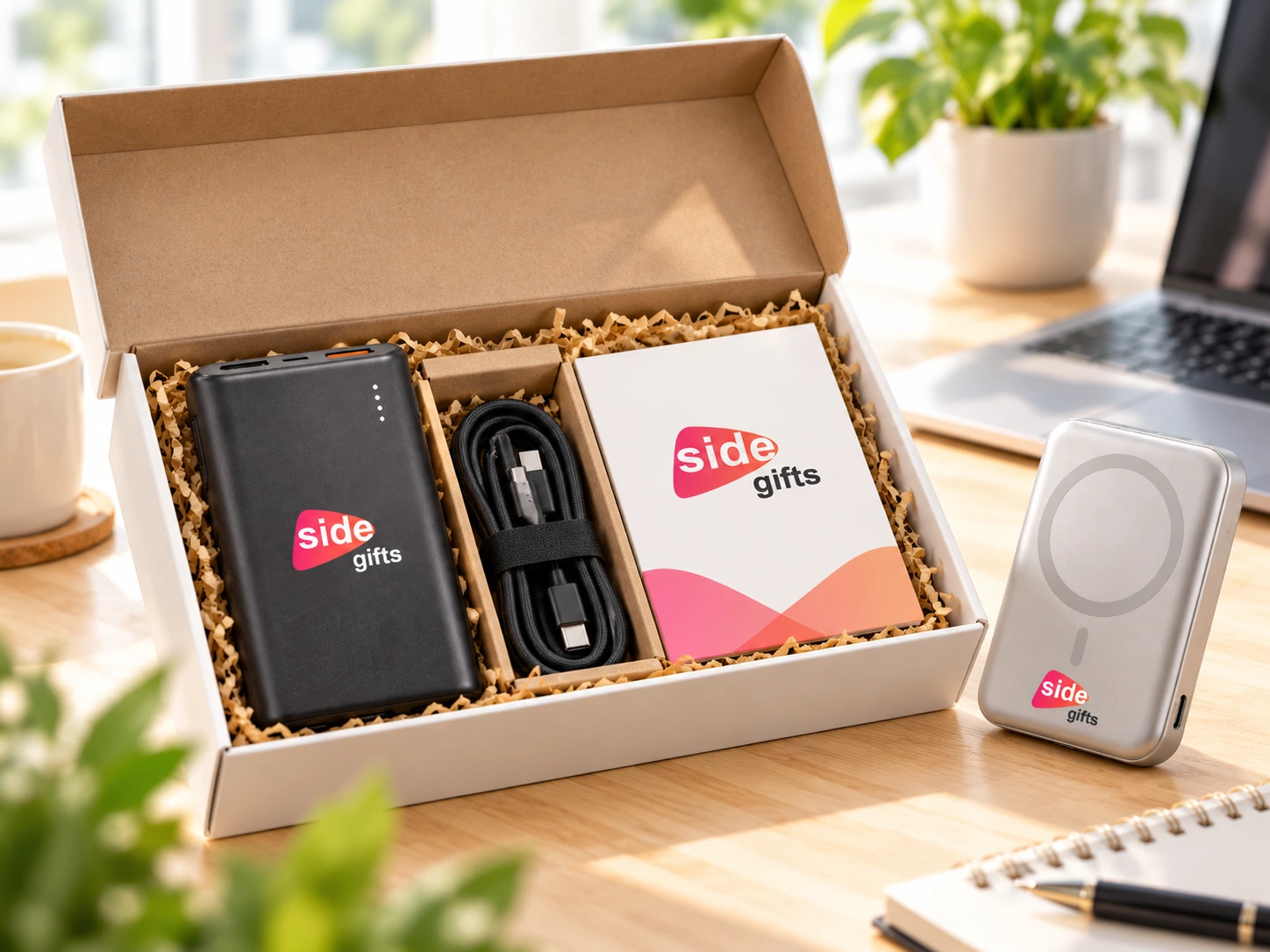 Powerbank z logo SIDE Gifts, przewód i karta w otwartym pudełku prezentowym; obok srebrny model magnetyczny.