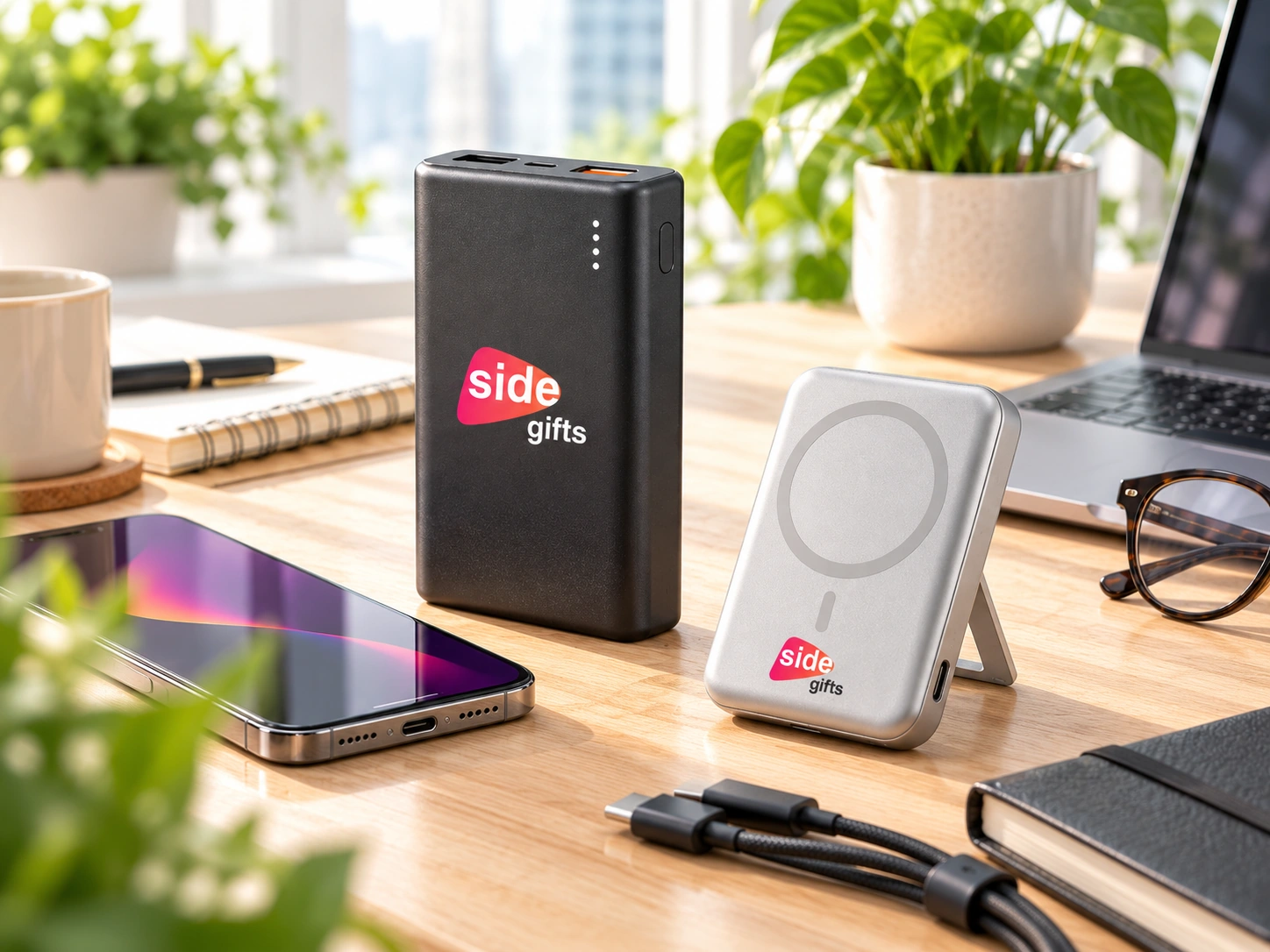 Czarny powerbank i srebrny powerbank magnetyczny z logo SIDE Gifts obok telefonu i laptopa na biurku.